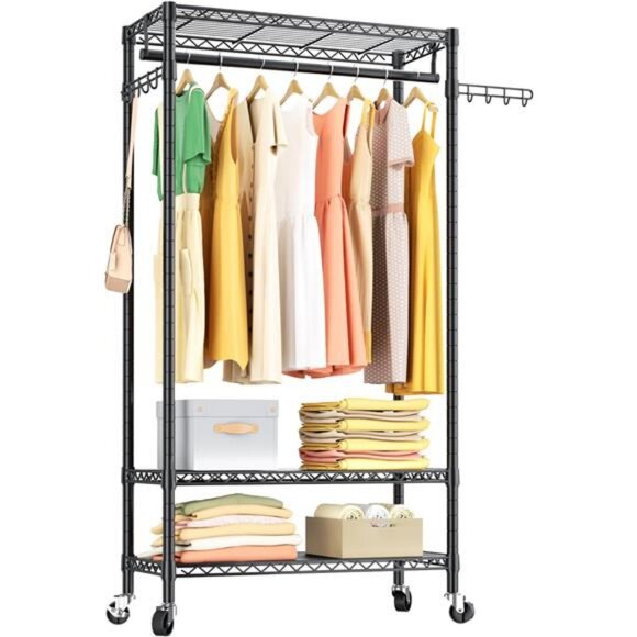 Heavy Duty Clothes Rack Rolling Garment Rack,3 Tier Adjustable Wire Shelving - Picture 1 of 7